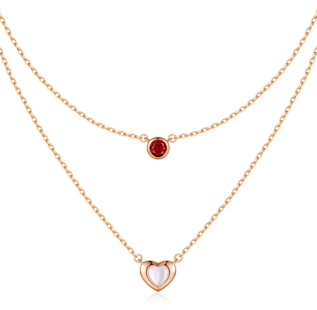 Double necklace with heart and red crystal 