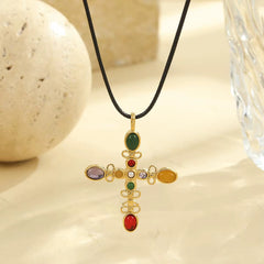 Collar con Cruz de colores y cadena de cuero PU