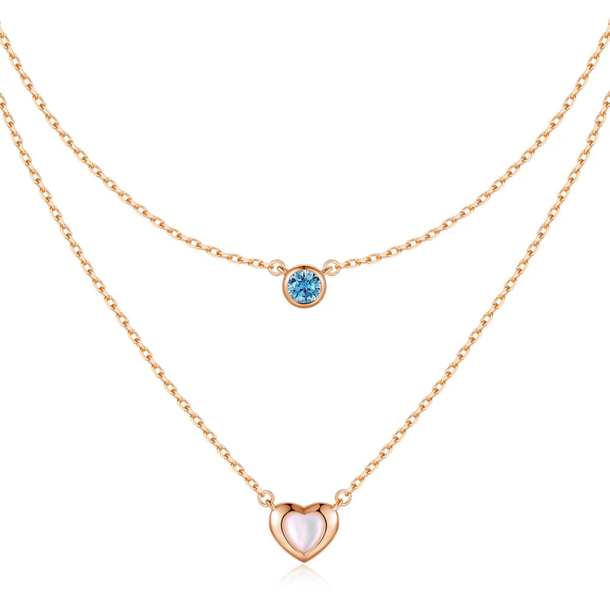 Double necklace with heart and blue crystal 
