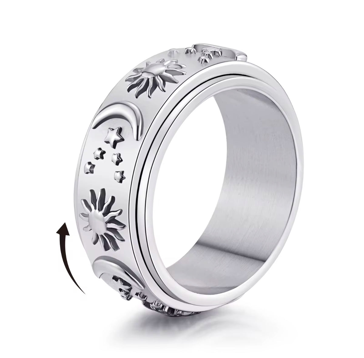 Anillo de Sol y Estrellas girador plateado