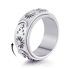 Anillo de Sol y Estrellas girador plateado