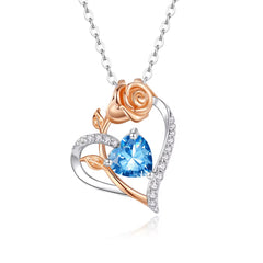 Collar de rosa y corazón azul de cristal Swarovski