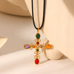 Collar con Cruz de colores y cadena de cuero PU