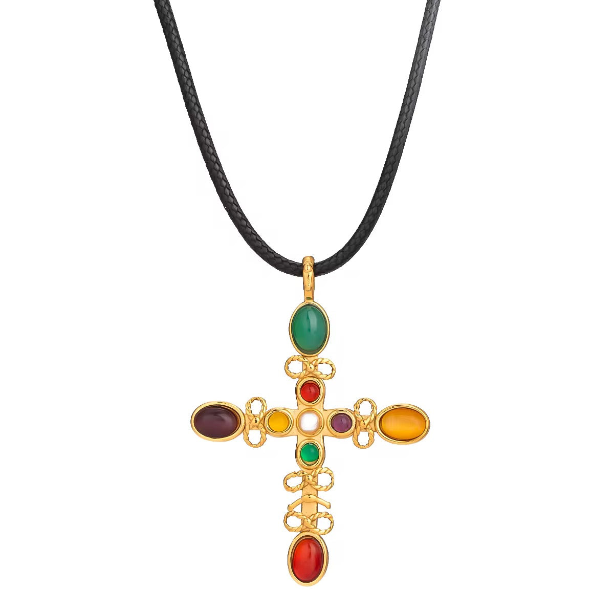 Necklace with colorful cross and PU leather chain 