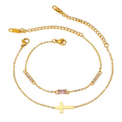 Pulsera doble con Cruz y cristal rosado