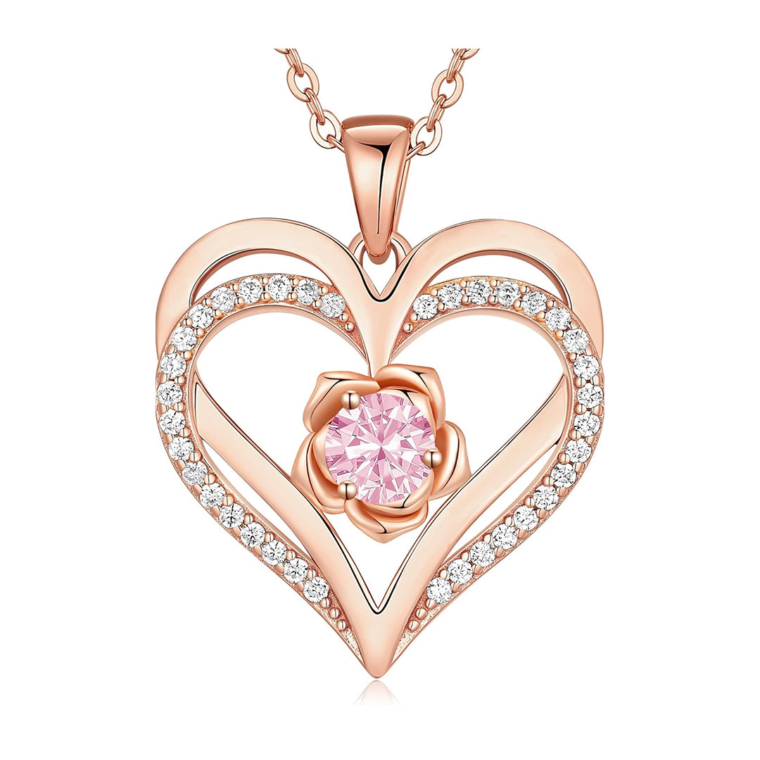 Collar corazón con cristal rosado dentro de una rosa