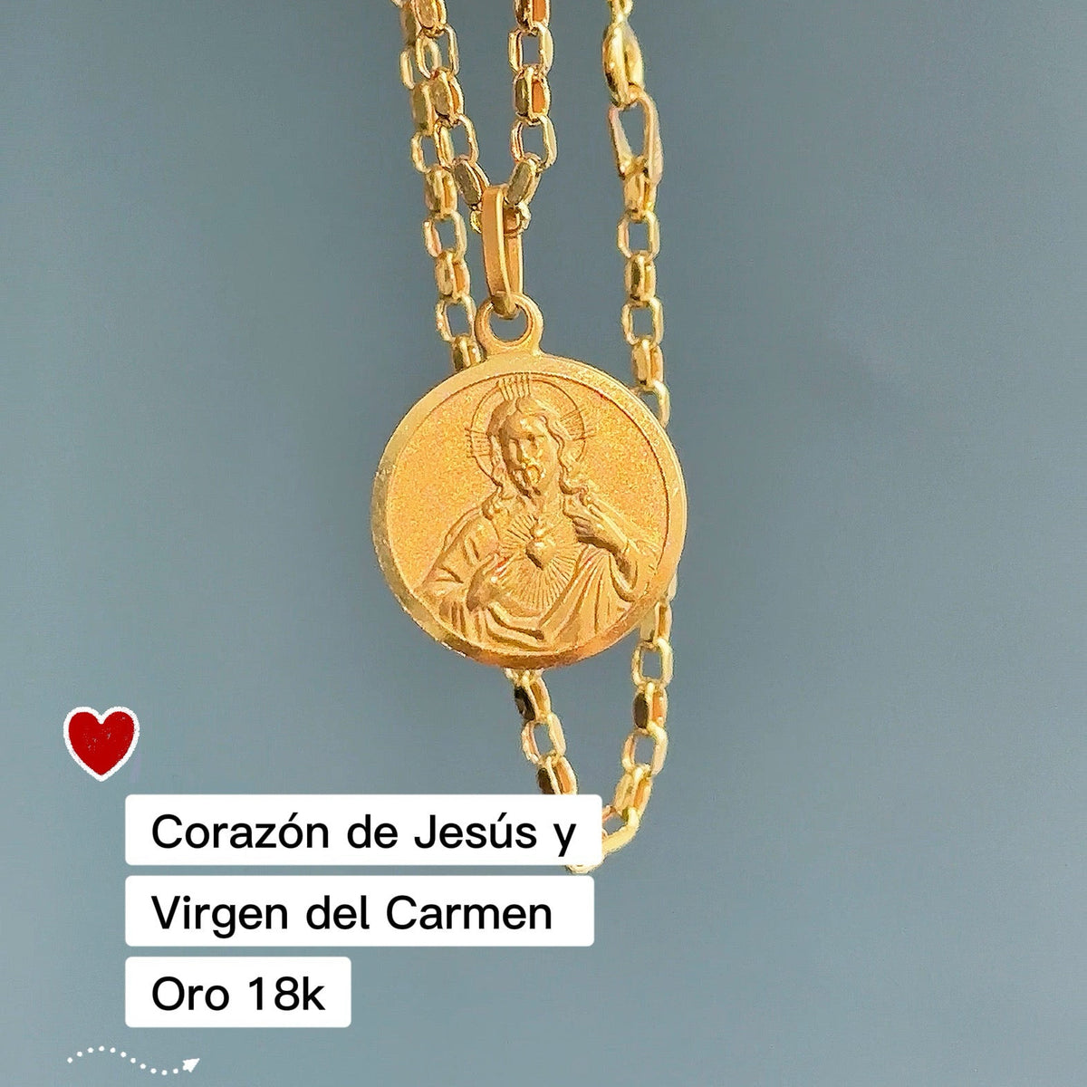 Collar de Oro 18k con medalla del Sagrado Corazón de Jesús y la Virgen del Carmen