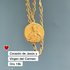 Collar de Oro 18k con medalla del Sagrado Corazón de Jesús y la Virgen del Carmen