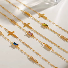 Pulsera doble con Cruz y cristal rosado