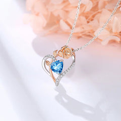 Collar de rosa y corazón azul de cristal Swarovski
