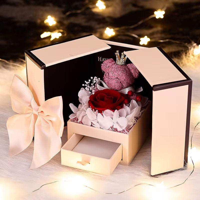 Caja con Osito rosado y Rosa roja