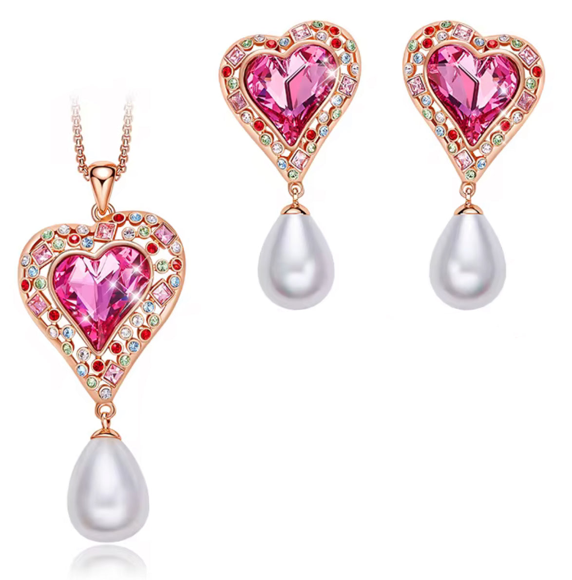 Collar y Aretes de Corazón de Cristales Swarovski y Perlas