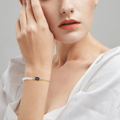 Figaro Bracelet with Pearls and Blue Crystal 