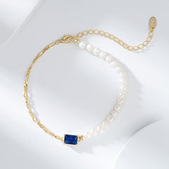 Figaro Bracelet with Pearls and Blue Crystal 
