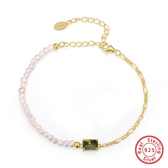Figaro Bracelet with Pearls and Green Crystal 