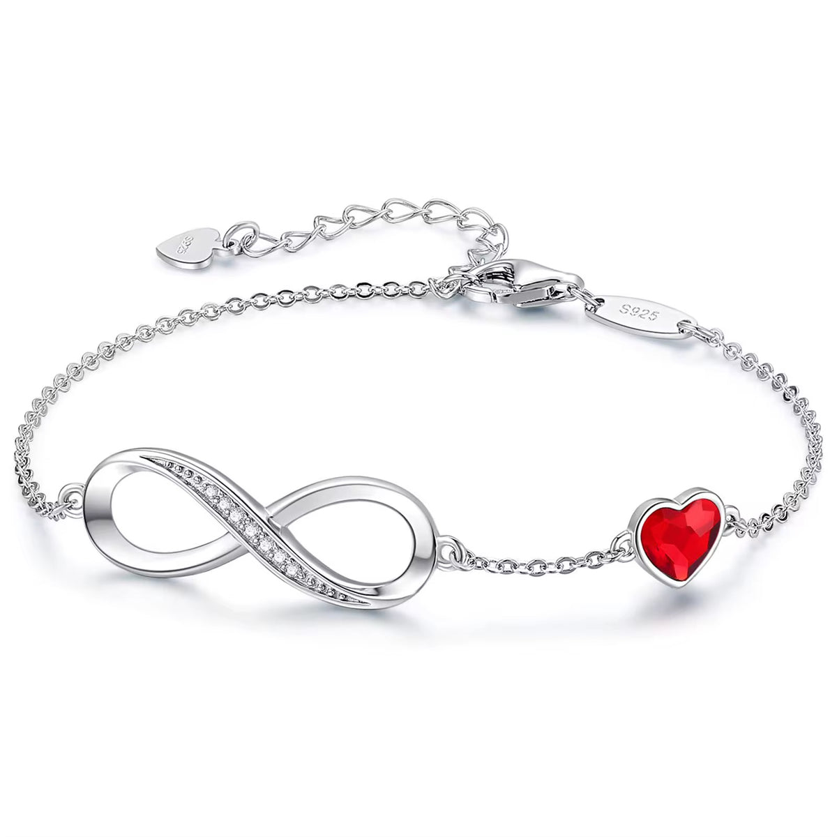 Red Heart & Infinity Bracelet - Silver