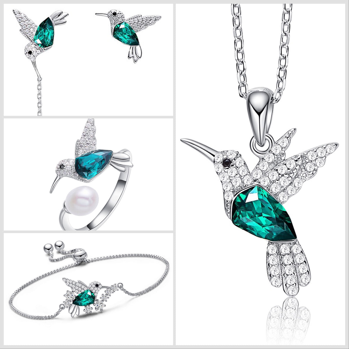 Set Felicidad del Colibrí (collar, aretes, pulsera y anillo)