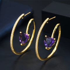 Purple Amethyst Heart Hoops 